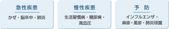 急性疾患：かぜ・脳卒中・肺炎、慢性疾患：生活習慣病・糖尿病・高血圧、予防：インフルエンザ・麻疹・風疹・肺炎球菌