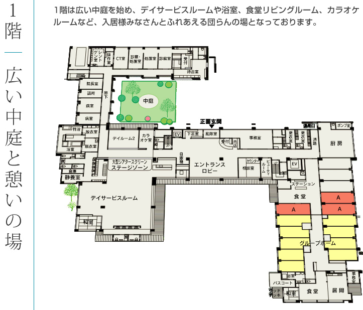 1階：広い中庭と憩いの場。1階は広い中庭を始め、デイサービスルームや浴室、食堂リビングルーム、カラオケルームなど、入居様みなさんとふれあえる団らんの場となっております。